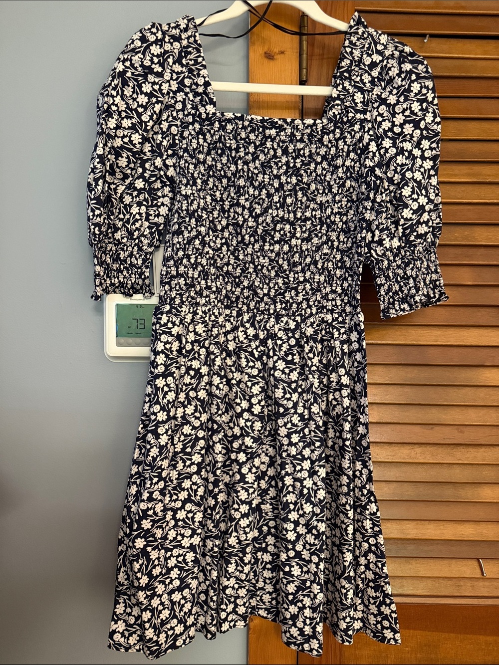 1.STATE Navy and White Floral Smocked Midi Dress